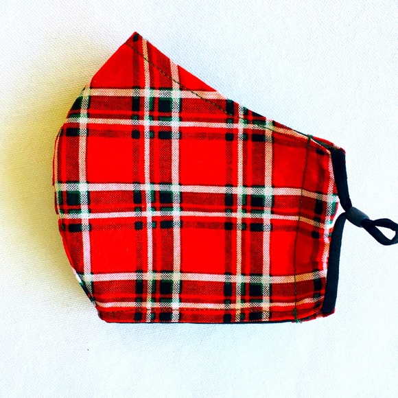 HAND CRAFTED FACE MASK COTTON RED BLACK PLAID - Picture 3 of 5